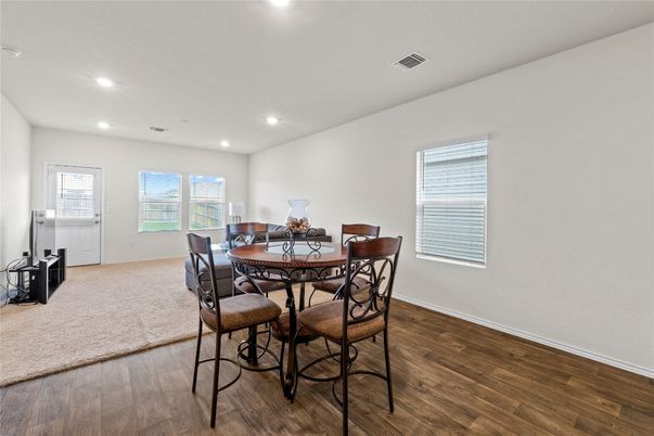 Dining room, Interior, Recessed Lighting, Wood Texture Flooring