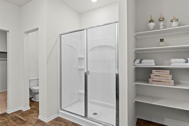 Bathroom, Glass Shower, Interior, Recessed Lighting, Wood Texture Flooring