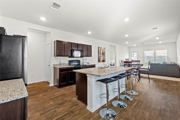 Dining room, Interior, Kitchen, Living room, Recessed Lighting, Wood Texture Flooring