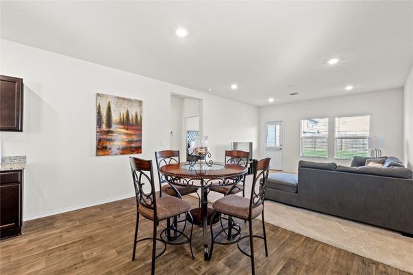 Dining room, Interior, Living room, Recessed Lighting, Wood Texture Flooring