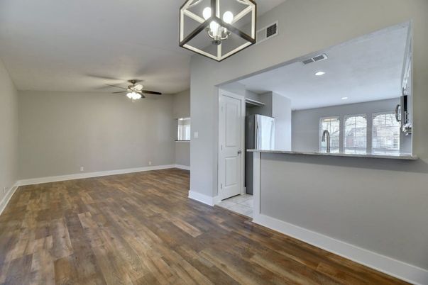 Empty room, Interior, Kitchen, Pendant Lights, Recessed Lighting, Wood Texture Flooring