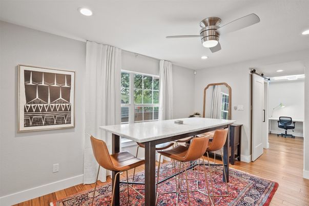 Dining room, Interior, Recessed Lighting, Wood Texture Flooring