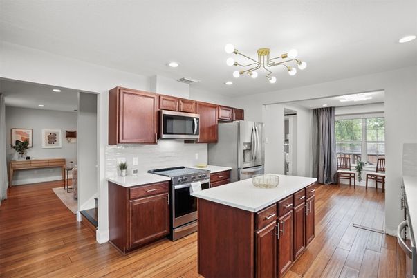 Interior, Kitchen, Recessed Lighting, Stainless Steel Appliances, Wood Texture Flooring