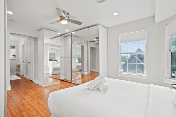 Bedroom, Interior, Recessed Lighting, Wood Texture Flooring