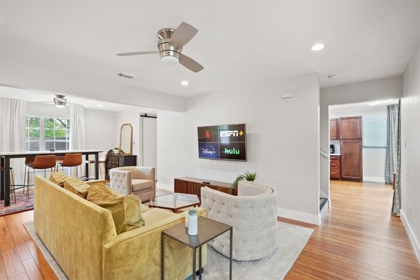 Dining room, Interior, Living room, Recessed Lighting, Wood Texture Flooring