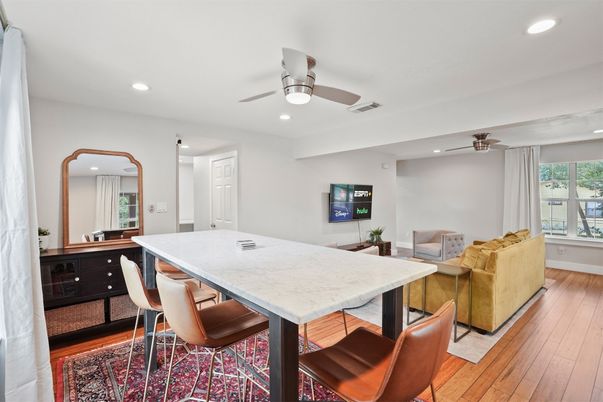 Dining room, Interior, Recessed Lighting, Wood Texture Flooring