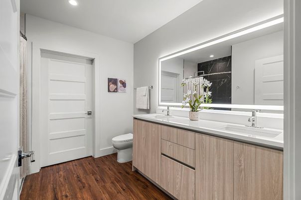 Bathroom, Interior, Marble Walls, Recessed Lighting, Wood Texture Flooring