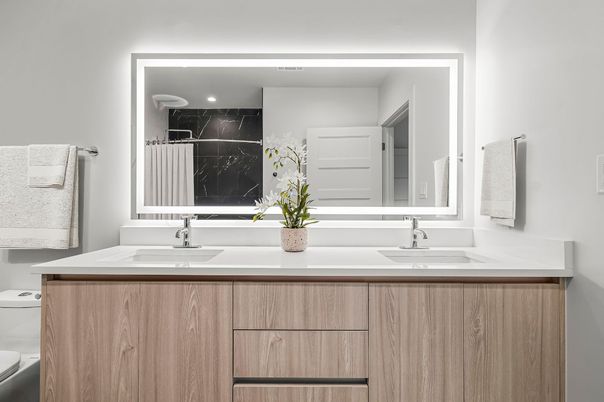 Bathroom, Dual Sink Vanities, Interior, Marble Walls, Recessed Lighting