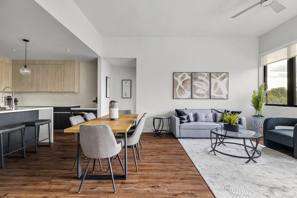 Dining room, Interior, Kitchen, Living room, Pendant Lights, Recessed Lighting, Wood Texture Flooring