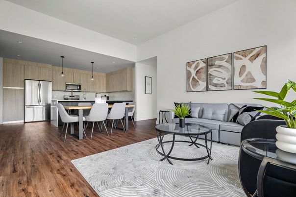 Dining room, Interior, Kitchen, Living room, Pendant Lights, Recessed Lighting, Stainless Steel Appliances, Wood Texture Flooring