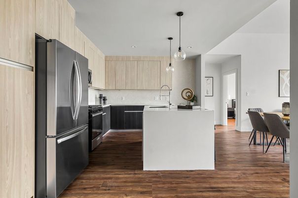 Interior, Kitchen, Pendant Lights, Recessed Lighting, Stainless Steel Appliances, Wood Texture Flooring