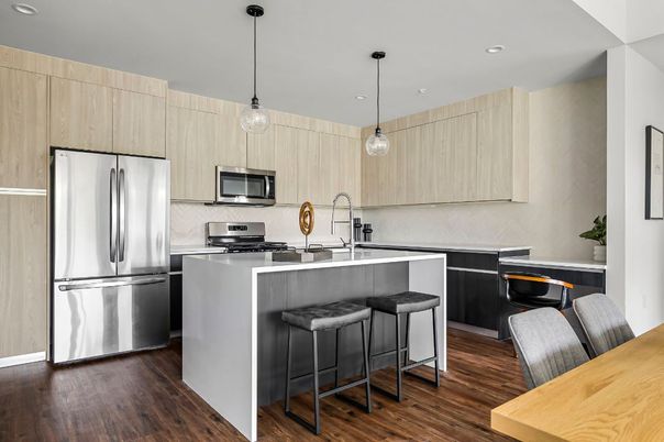 Interior, Kitchen, Pendant Lights, Recessed Lighting, Stainless Steel Appliances, Wood Texture Flooring