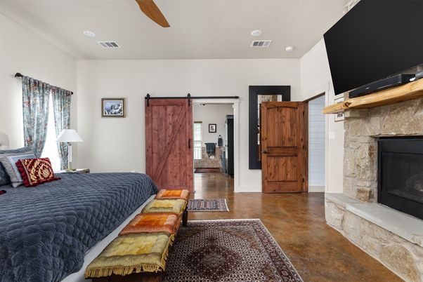 Bedroom, Fireplace, Interior, Recessed Lighting, Wood Texture Flooring