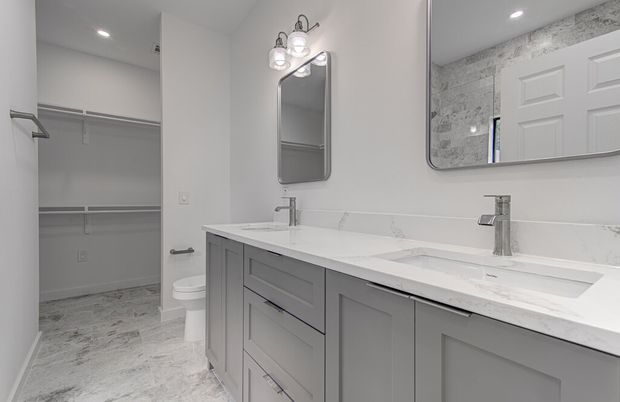 Bathroom, Dual Sink Vanities, Interior, Recessed Lighting, Walk-in Closets