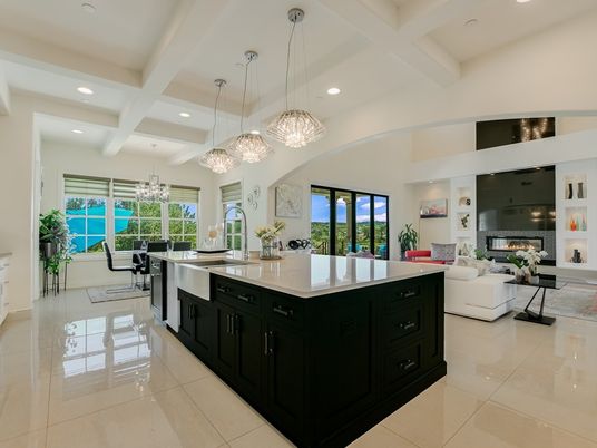 Chandelier, Dining room, Fireplace, Interior, Kitchen, Living room, Pendant Lights, Recessed Lighting