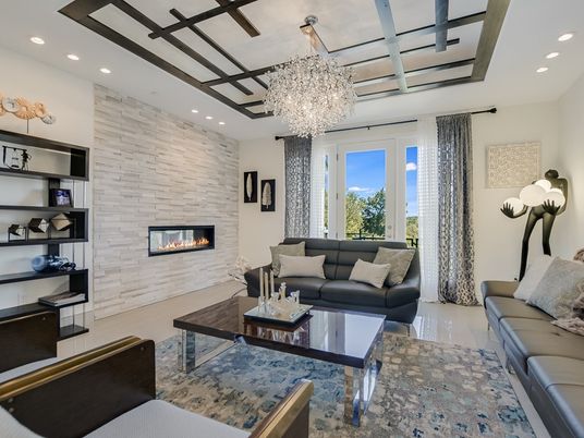 Chandelier, Fireplace, Interior, Living room, Recessed Lighting, Stone Walls