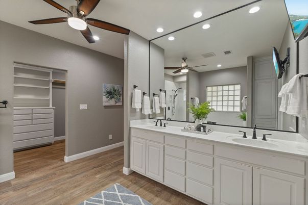 Bathroom, Dual Sink Vanities, Interior, Recessed Lighting, Wood Texture Flooring