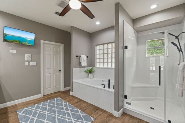 Bathroom, Glass Shower, Interior, Recessed Lighting, Wood Texture Flooring