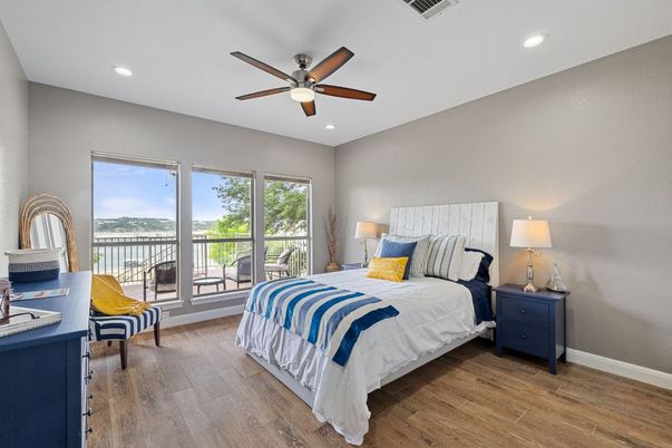 Bedroom, Interior, Recessed Lighting, Water, Wood Texture Flooring