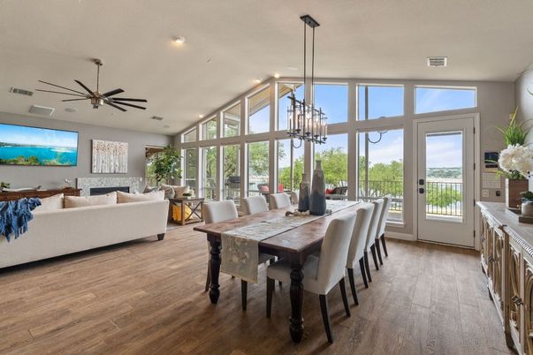 Dining room, Interior, Living room, Pendant Lights, Recessed Lighting, Wood Texture Flooring