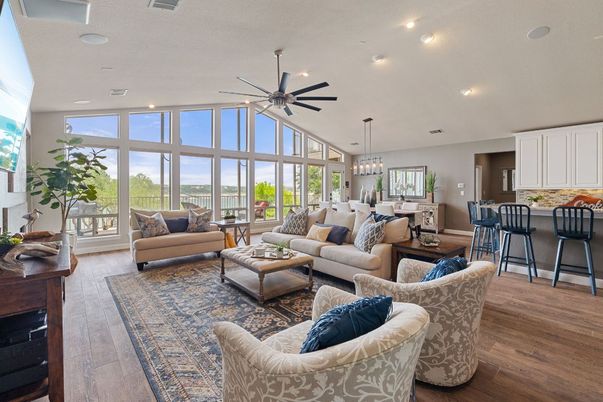 Dining room, Interior, Living room, Pendant Lights, Recessed Lighting, Wood Texture Flooring