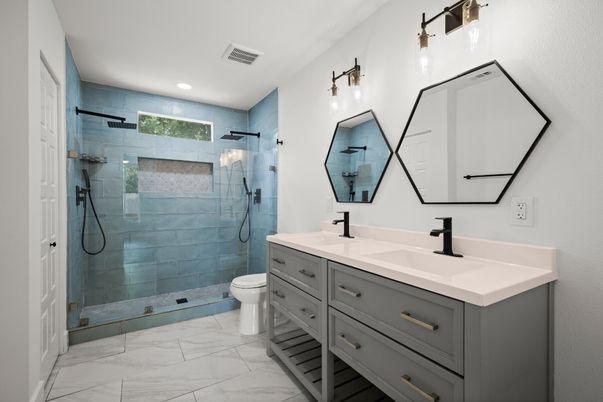 Bathroom, Dual Sink Vanities, Glass Shower, Interior, Marble, Recessed Lighting