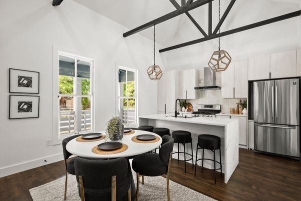 Dining room, Interior, Kitchen, Pendant Lights, Stainless Steel Appliances, Wooden Beams, Wood Texture Flooring