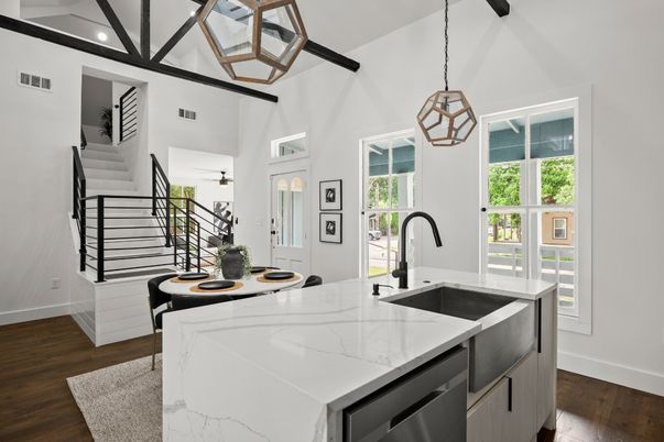 Interior, Kitchen, Pendant Lights, Wood Texture Flooring