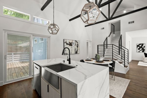 Interior, Kitchen, Pendant Lights, Wooden Beams, Wood Texture Flooring