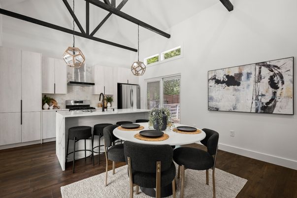 Dining room, Interior, Kitchen, Pendant Lights, Stainless Steel Appliances, Wooden Beams, Wood Texture Flooring