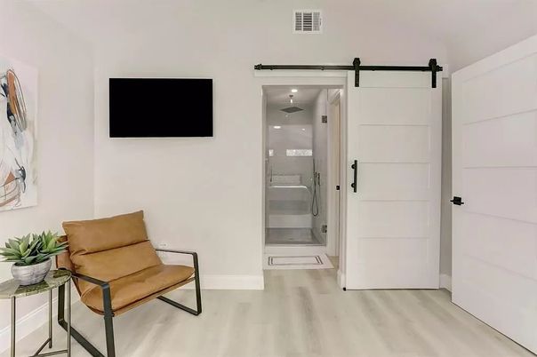 Bathroom, Glass Shower, Interior, Recessed Lighting, Wood Texture Flooring