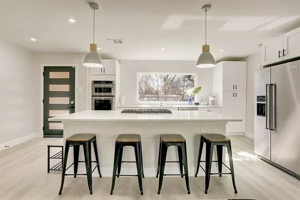 Interior, Kitchen, Pendant Lights, Recessed Lighting, Stainless Steel Appliances, Wood Texture Flooring