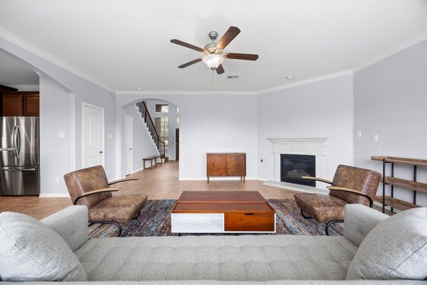 Fireplace, Interior, Kitchen, Living room, Stainless Steel Appliances, Wood Texture Flooring