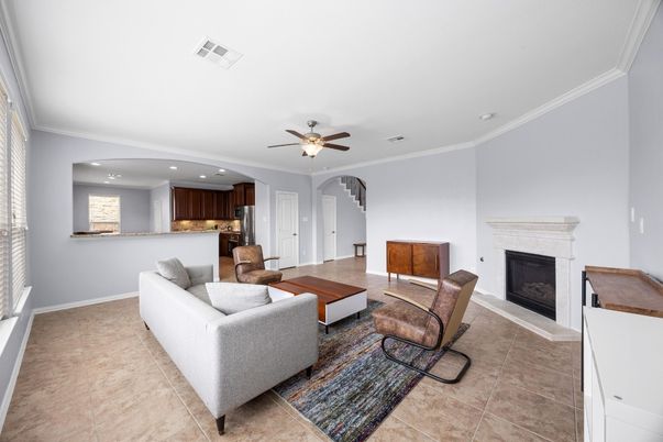 Fireplace, Interior, Kitchen, Living room, Recessed Lighting