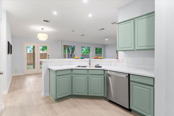 Interior, Kitchen, Recessed Lighting, Wood Texture Flooring