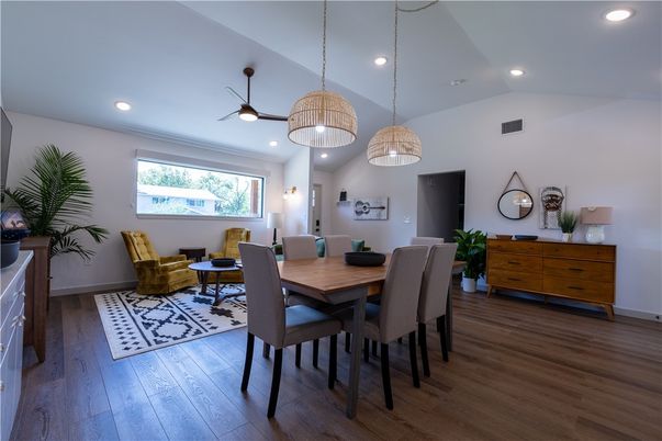 Dining room, Interior, Pendant Lights, Recessed Lighting, Wood Texture Flooring
