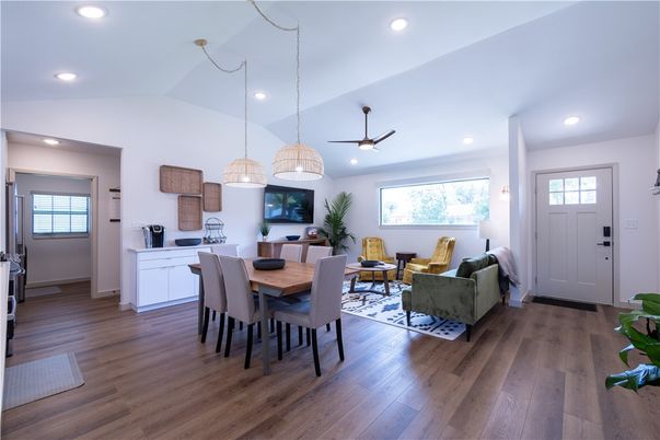 Dining room, Interior, Living room, Pendant Lights, Recessed Lighting, Wood Texture Flooring