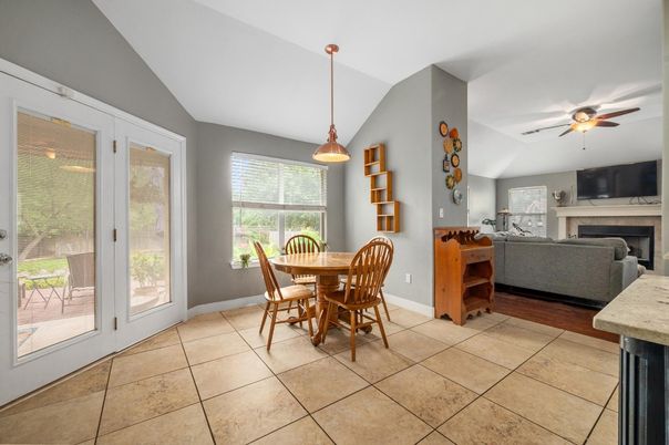 Dining room, Fireplace, Interior, Living room, Pendant Lights