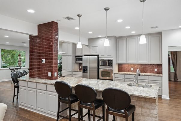 Interior, Kitchen, Pendant Lights, Recessed Lighting, Stainless Steel Appliances, Wood Texture Flooring