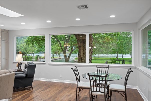 Dining room, Interior, Recessed Lighting, Wood Texture Flooring