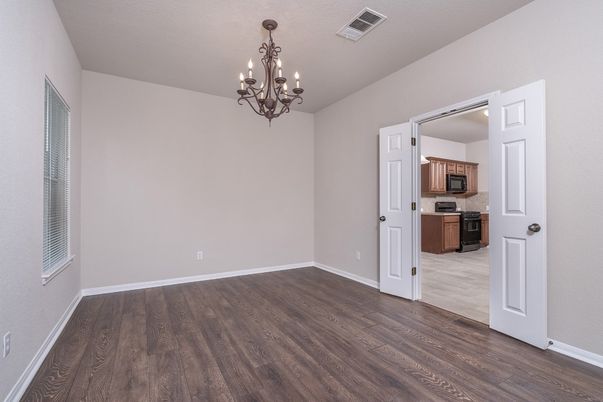 Chandelier, Empty room, Interior, Kitchen, Stainless Steel Appliances, Wood Texture Flooring