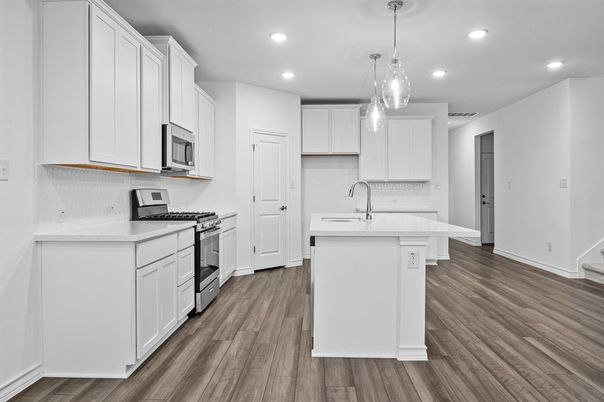 Interior, Kitchen, Pendant Lights, Recessed Lighting, Stainless Steel Appliances, Wood Texture Flooring