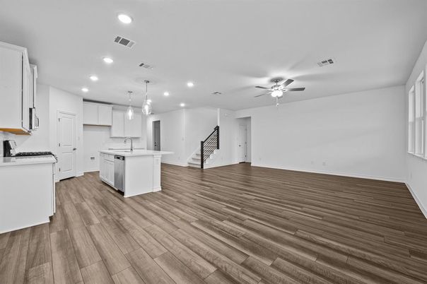 Interior, Kitchen, Pendant Lights, Recessed Lighting, Wood Texture Flooring