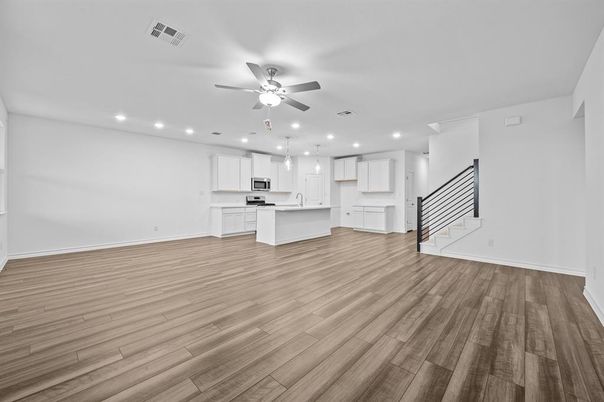 Empty room, Interior, Kitchen, Pendant Lights, Recessed Lighting, Wood Texture Flooring