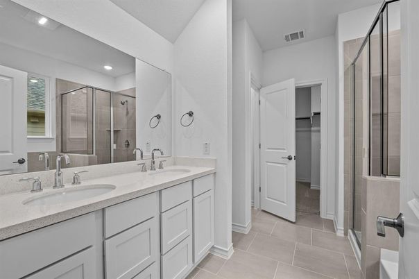 Bathroom, Dual Sink Vanities, Glass Shower, Interior, Recessed Lighting