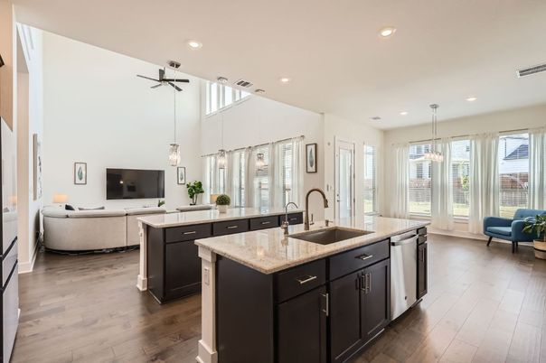 Interior, Kitchen, Living room, Pendant Lights, Recessed Lighting, Wood Texture Flooring