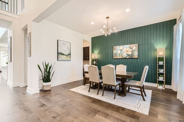 Dining room, Interior, Pendant Lights, Recessed Lighting, Wood Texture Flooring