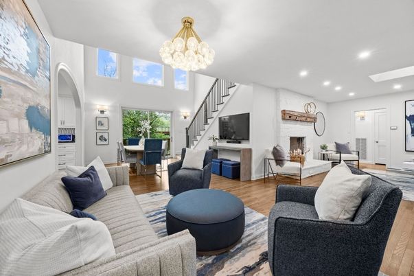 Chandelier, Dining room, Fireplace, Interior, Living room, Recessed Lighting, Wood Texture Flooring