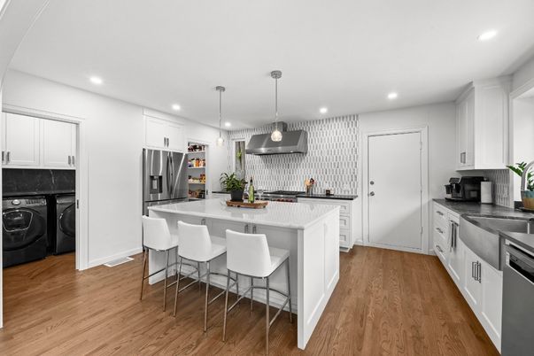 Interior, Kitchen, Pendant Lights, Recessed Lighting, Stainless Steel Appliances, Washer, Wood Texture Flooring