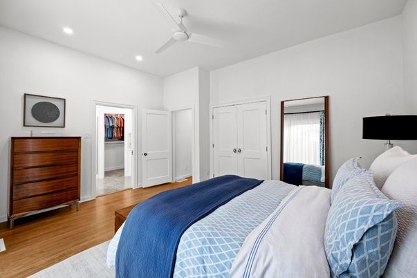 Bedroom, Interior, Recessed Lighting, Wood Texture Flooring